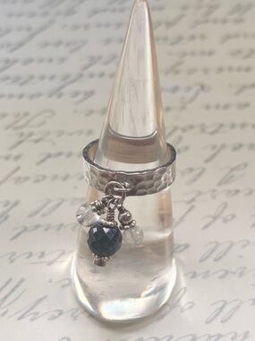 Hill Tribe Silver Hammered Ring with Sapphire and Moonstone Gemstone Charms